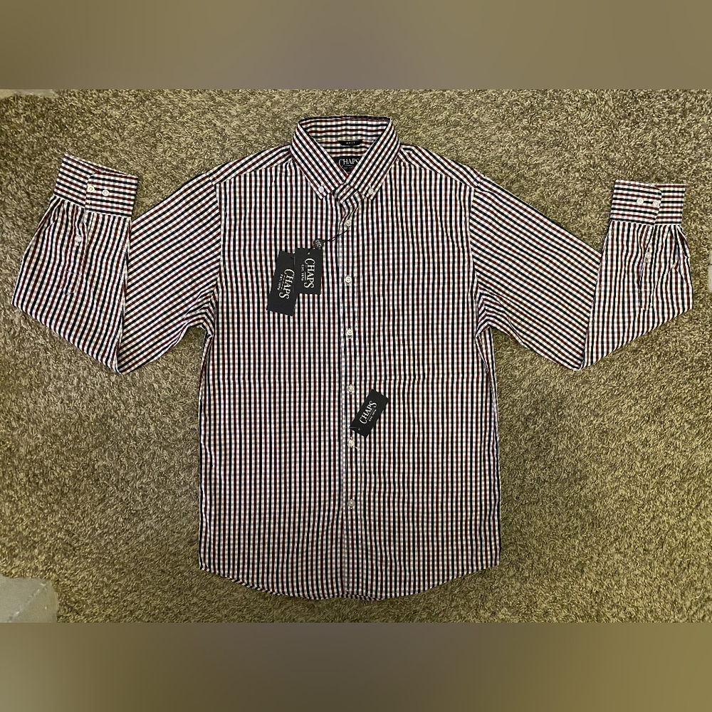Chaps Slim Fit Men’s White Gingham Plaid Long Sleeve Button Up Shirt Size M